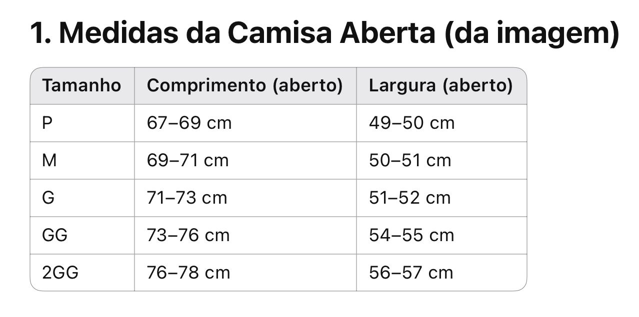 tamanho da camisa